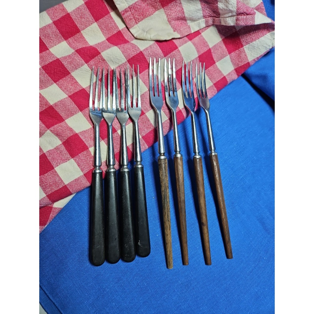 8 Vintage Fondue Forks Teak Stainless Steel 3 Prong 9.5" Teak Walnut 2 Sets Of 4